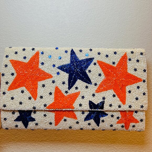 STAR Seed Beaded Orange Blue Team Colors Astros Auburn Crossbody Clutch Handbag - Picture 3 of 8